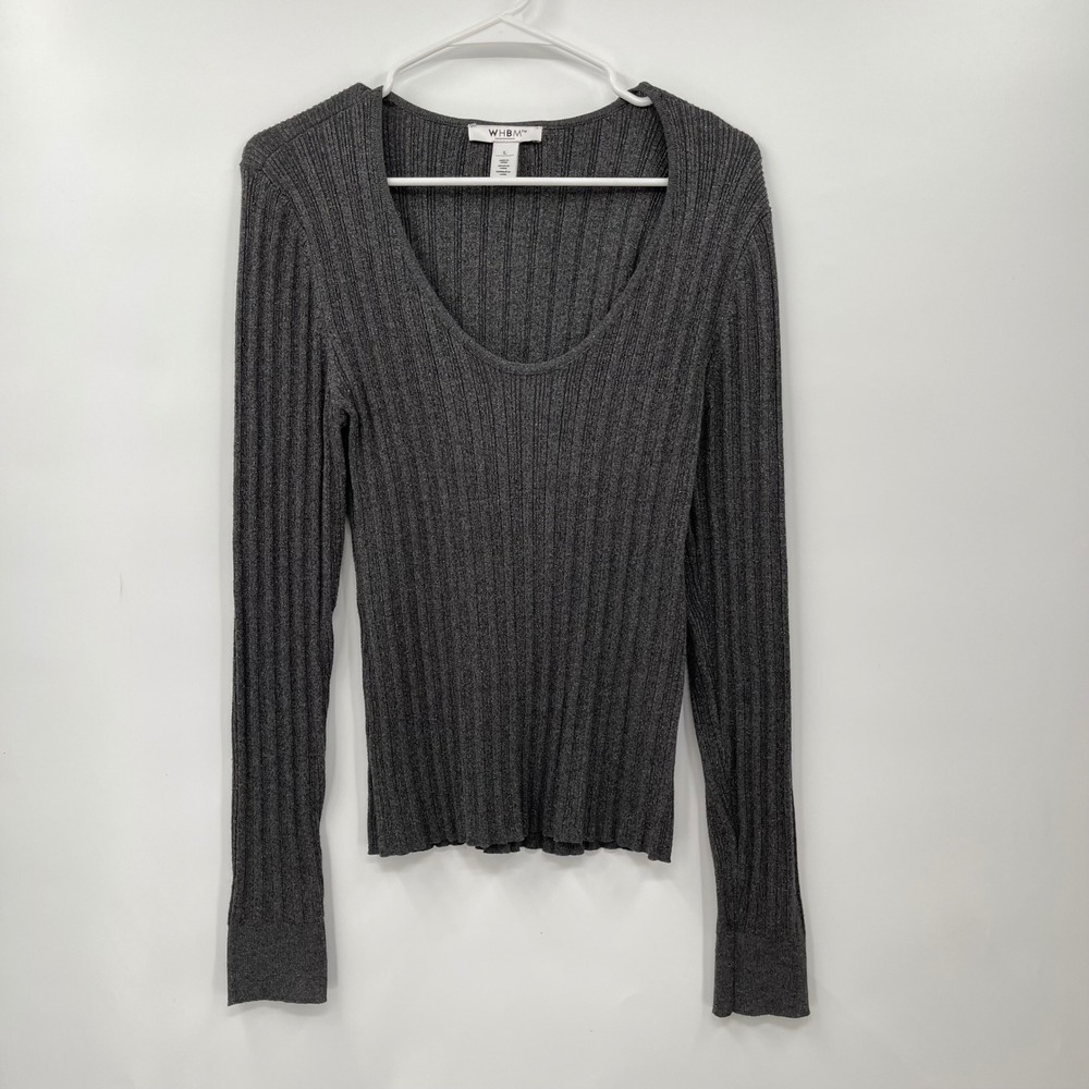 WHBM Women's‎ L Long Sleeve Ribbed Top Gray Metallic V Neck Casual Knitwear